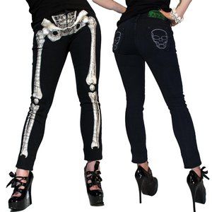 Women's Black Skinny Stretch Jeans Skeleton Bones Skull Coffin Pockets 26-40 NWT